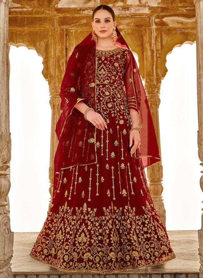 Net Maroon Wedding Wear Embroidery Work Anarkali Suit